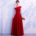 2024 New Bridal Toast Clothing Summer Noble Elegant Slant Shoulder Red, Long Slim Fit Wedding Dress Women. 