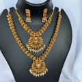 Dull gold color big double necklace with one pair earring fashion jewelry set with gold stone for girl and women. 