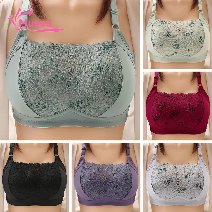 Muses Mall Lace 3/4 Cup Bra Flower Embroidery Lace Push Up Bra Adjustable Straps Anti-snagging Soft Breathable Southeast Asian Favorite Women Soft Bra