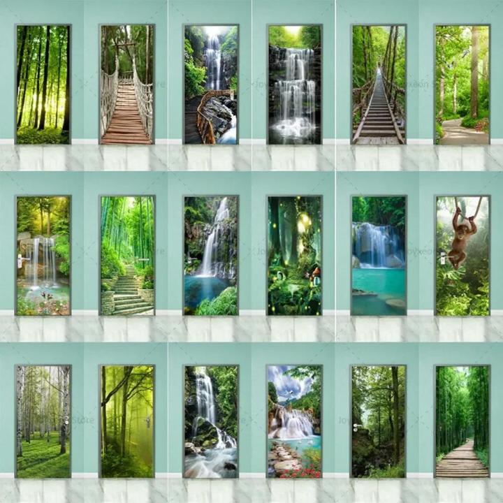 Natural Style Door Green Deep Forest Waterfall Scene Poster Vinyl PVC Waterproof Scratch Resistant Self-adhesive Door Sticker