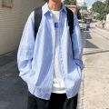 Korean Style Long-Sleeved Jacket Thin Striped Blue and White Stripe Fashion Brand Shirt Loose Men's Japanese Hong Kong Style Spring Fashion. 