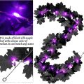 1pc Halloween Artificial Hanging Fall Leave Vines With 20 LED Black Leaf Garland With Purple Lights Powered Horror Atmo. 