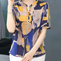 bellylady Women Cotton Summer Stand Collar Blouse Retro Printing Short Sleeves Shirt Plus Size Loose Casual Tops. 