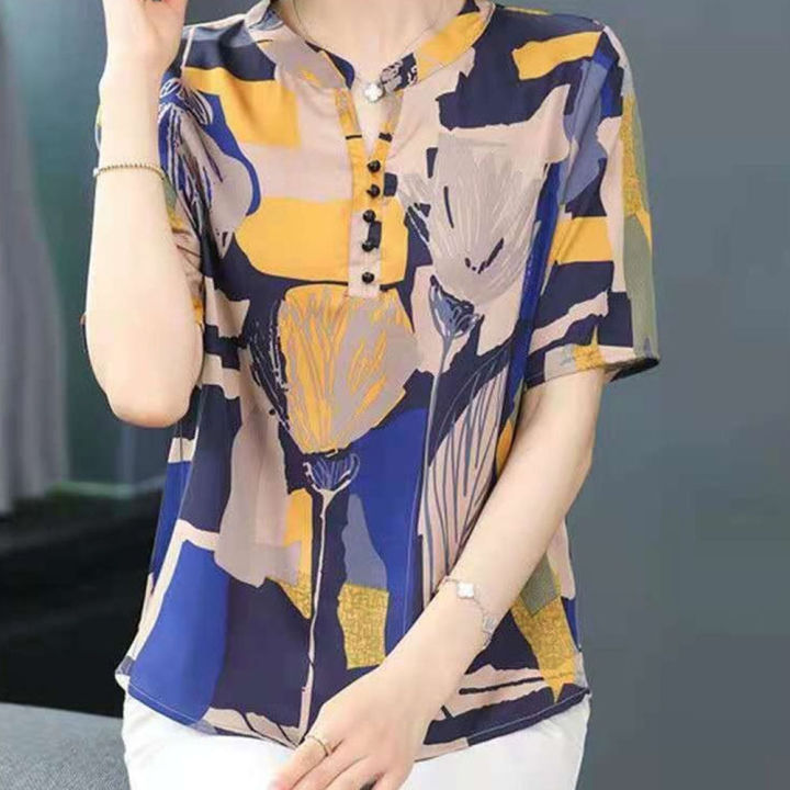 bellylady%20Women%20Cotton%20Summer%20Stand%20Collar%20Blouse%20Retro%20Printing%20Short%20Sleeves%20Shirt%20Plus%20Size%20Loose%20Casual%20Tops%20-%20Image%203