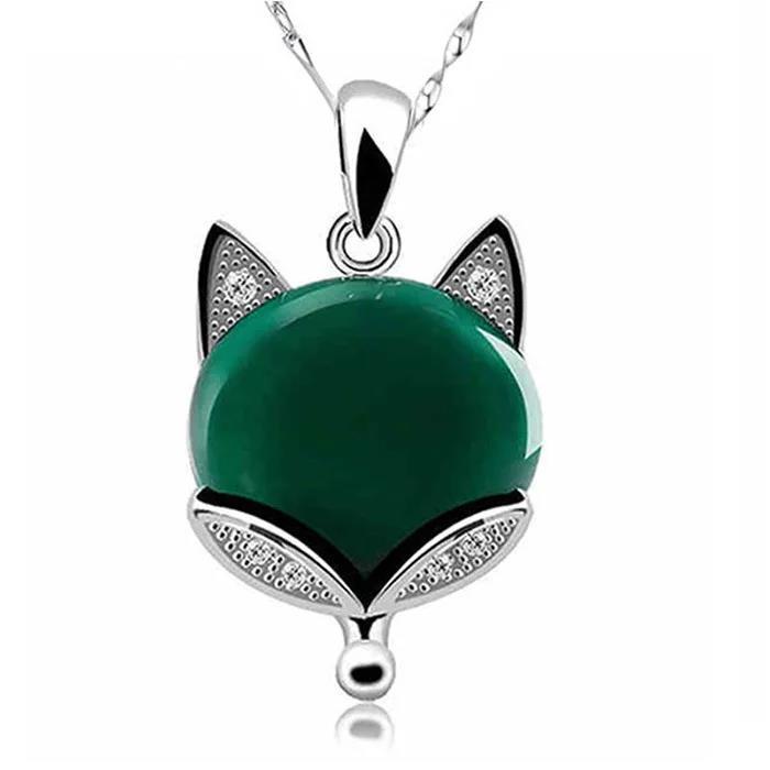 Natural Green Jade Fox Pendant Necklace 925 Silver Jadeite Chalcedony Amulet Fashion Charm Jewelry Gifts for Women Her