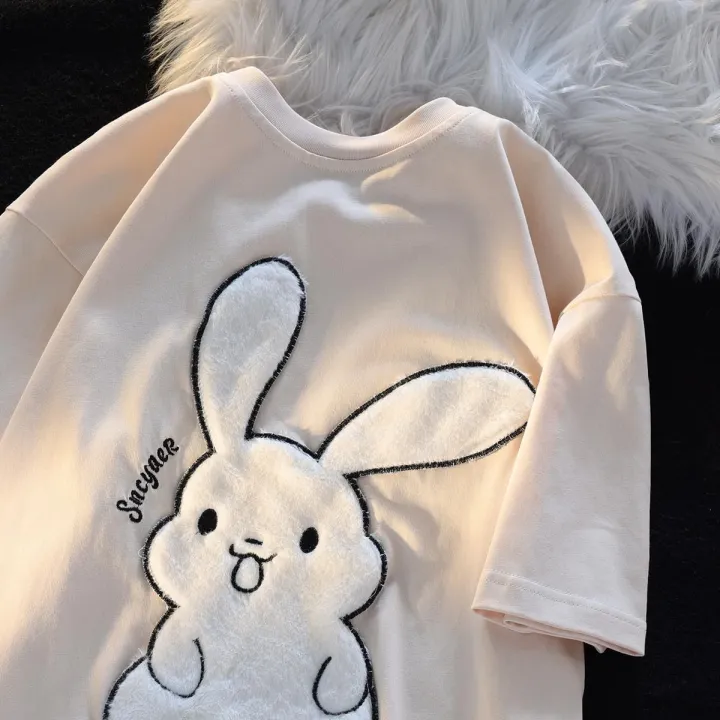 Cute%20Plush%20Rabbit%20Short%20Sleeve%20T%20Women's%20T-shirt%20ins%20Trendy%20Summer%20Design%20Sense%20Niche%20Loose%20Girlfriends%20Clothes%20Summer%20Pure%20Cotton%20Top%20-%20Image%204
