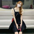 Korean College Style Fake Two-Piece First Love Date Black Dress Back polo Collar Dress Small Sweet and Spicy Summer New. 