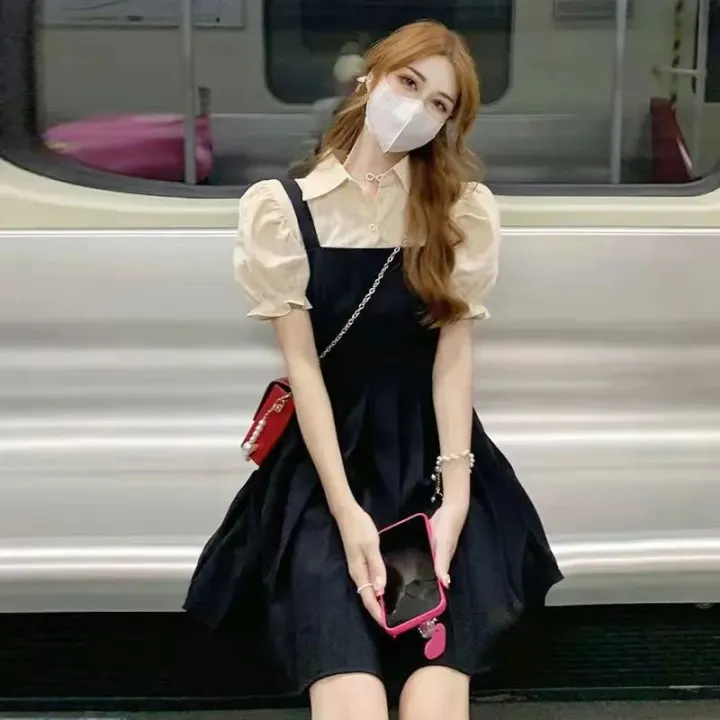 Korean%20College%20Style%20Fake%20Two-Piece%20First%20Love%20Date%20Black%20Dress%20Back%20polo%20Collar%20Dress%20Small%20Sweet%20and%20Spicy%20Summer%20New%20-%20Image%204