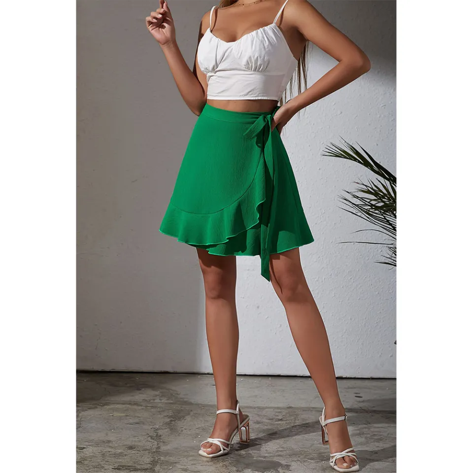 Yfashion Women Ruffle Skirt Summer Elegant High Waist Lace-up