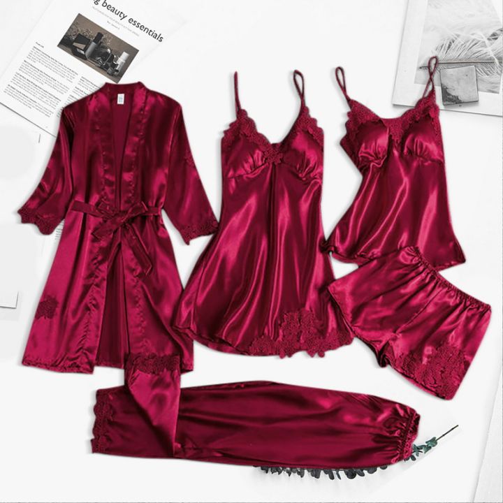 5Pcs/Set Women Satin Silk Pajamas Lace Robe Nightdress Wedding Nightwear Home Wear Nighty Female New Shorts Pants Sleepwear