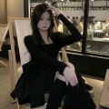Korean Style Long Sleeve Drees Women Autumn Patchwork Square Collar Black Puffy Dresses Woman Fashion Prom Bow Black Mini Dress. 