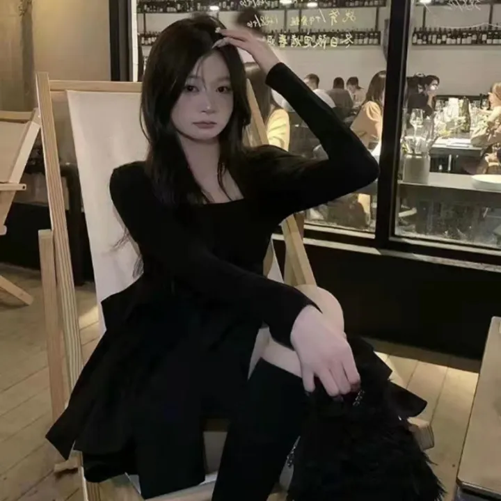 Korean%20Style%20Long%20Sleeve%20Drees%20Women%20Autumn%20Patchwork%20Square%20Collar%20Black%20Puffy%20Dresses%20Woman%20Fashion%20Prom%20Bow%20Black%20Mini%20Dress%20-%20Image%204