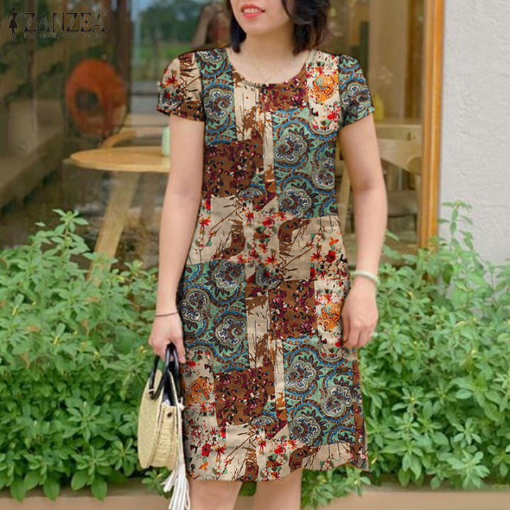 【ThinkWay】 Women Summer Short Sleeve Round-Neck Graphic Print Elegant Casual Dresses #12