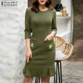 【WEJA】Korean Style Women's Dress Elegant 3/4 Sleeve Knitted Sundress Floral Embroidery Midi Dresses #11. 