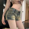 R Women's Small Low Waist Denim Washed Bag Pants Hip Hot Girl Summer Light Color Trendy High Street ins Super short shorts. 
