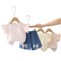 Yfashion 2pcs Summer Cotton Tops Suit For Girls Cotton Sweet Flying Sleeves Shirt Denim Shorts Set For Kids Aged 0-4. 