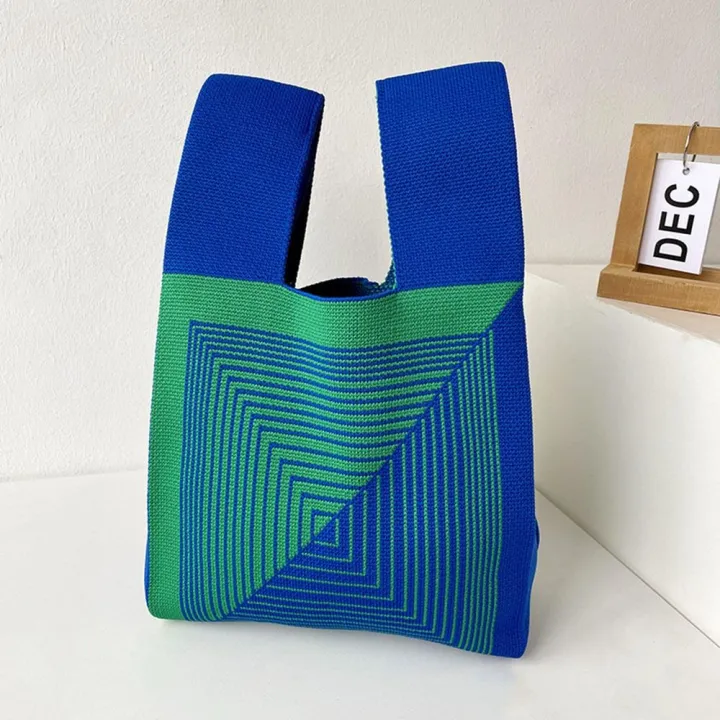 【ALLGOOD】 Niche Design Plaid Shopping Bags Shoulder Bag Women Girls Knot Wrist Bag Tote Bag Handmade Knit Handbag