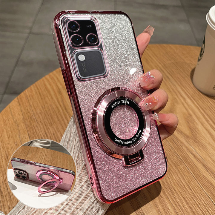 For Vivo V30 V30 Pro V30e 5G V30 Lite V29 V29e V27 V27e 5G Luxury 6D Plating Shiny Glitter Stylish Girls Phone Case Clear Soft Silicone Full Camera Protection Cases Pouch with Stand Holder