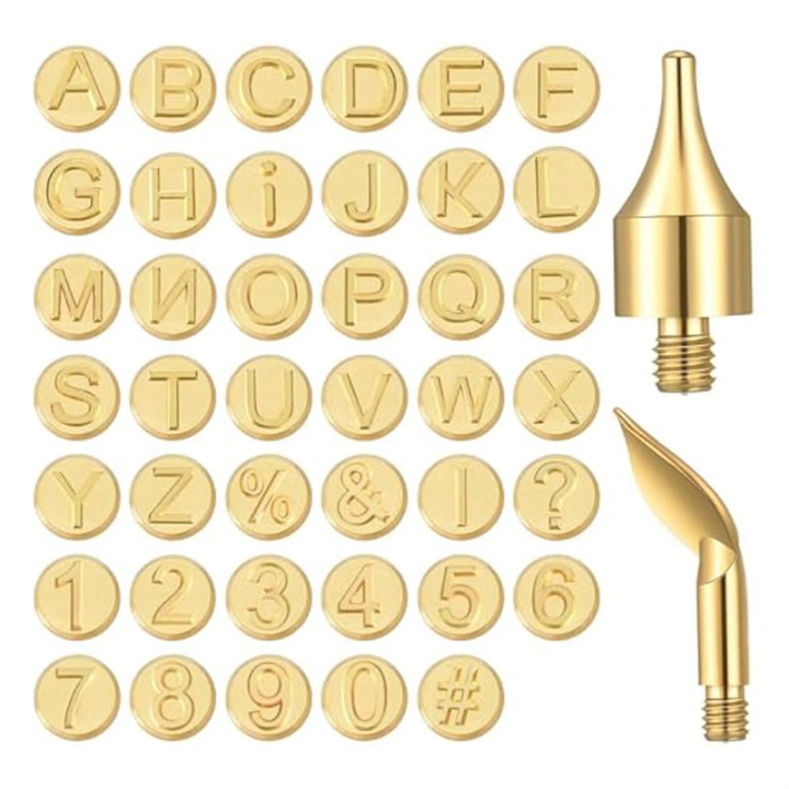 43 PCS Wood Burning Tip Set Including Letter Number Symbol Wood Burning Tip Gold for DIY Embossing and Carving Crafts