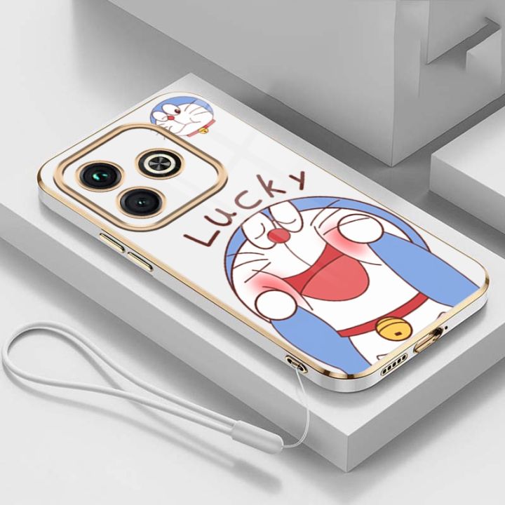 Tecno Spark GO 2024 Glossy Lucky Doraemon Casing Square Edges Plating Back TPU Soft Case Cover