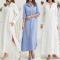 bellylady Women Dress Solid Color Cotton Linen Stand Collar Long Sleeve Casual Loose Long Skirt. 