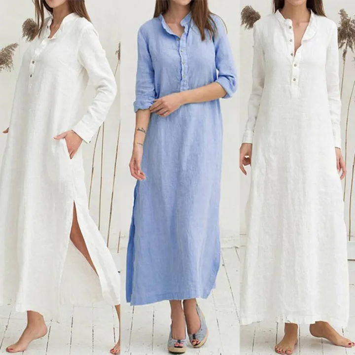 bellylady%20Women%20Dress%20Solid%20Color%20Cotton%20Linen%20Stand%20Collar%20Long%20Sleeve%20Casual%20Loose%20Long%20Skirt%20-%20Image%204