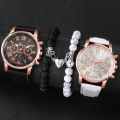 Geneva Couple Watch Casual Leather Strap Women Quartz Watch Magnetic Love Beaded Bracelet Set（Without Box）. 