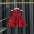 Summer Red Bow Baby Girl Princess Dress Ruffle Solid Color Infant Sling Dress Christmas Wedding Party Girls Children'S Clothing (0-3 Years). 
