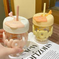 Annil Cute Pastel Color Water Cup with Straw Thick Glass Bottle for Hot and Cold Drinks 350ml. 