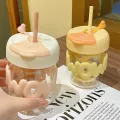 Annil Cute Pastel Color Water Cup with Straw Thick Glass Bottle for Hot and Cold Drinks 350ml. 