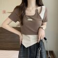 New Irregular T-shirt For Women's Summer Contrast Top Fashion Style Slim Fit Slimming Tee Trend. 