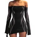 Women´s Bodycon Mini Dress, Gothic Printed Off Shoulder Long Sleeve Black Club Dress. 
