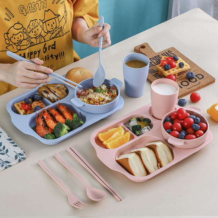 6pcs Eco-Friendly Wheat Straw Dinnerware Set Solid Color Children Dishes Kids Plate Bowl Set Children Tableware Set