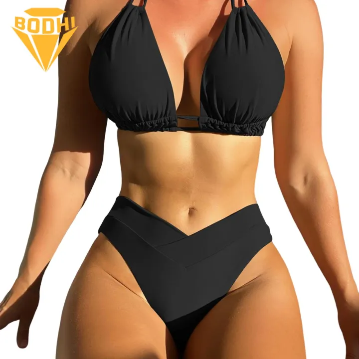 Lace-up Bikini Set Lace-up Halter Bikini Set High Waist Swimwear for Women Quick Dry Bathing Suit in Solid Colors 2pcs/set Halter Lace-up Bra High Waist Swim Briefs Set