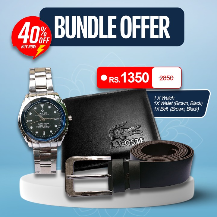 Watch for Men Stainless Steel + Free PU Leather Belt + Free Wallet | Bundle Offer Gift for Men