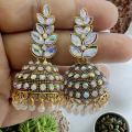 ESH Light gold Indian Vintage Bollywood dangle drop jhumka jimikki earring Trendy Leaf Design Pearl Drop & Multi Stone-Studded earring for women and girl. 