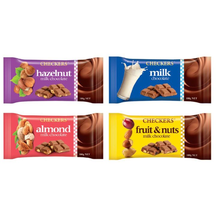 Checkers Chocolate Hazelnut +Milk Chocolate +Fruit & Nuts + Almond [100g] x 4Pcs Combo