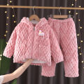 pajamas for kids Children's flannel pajamas, winter three-layer plush loungewear for boys and girls, plush loungewear, hooded coral velvet thick set. 
