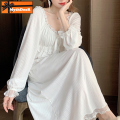 SYQ New Spring And Summer Fairy Lace Princess Nightdress French Retro Palace Long Pajamas Home Clothes With Chest Pad. 