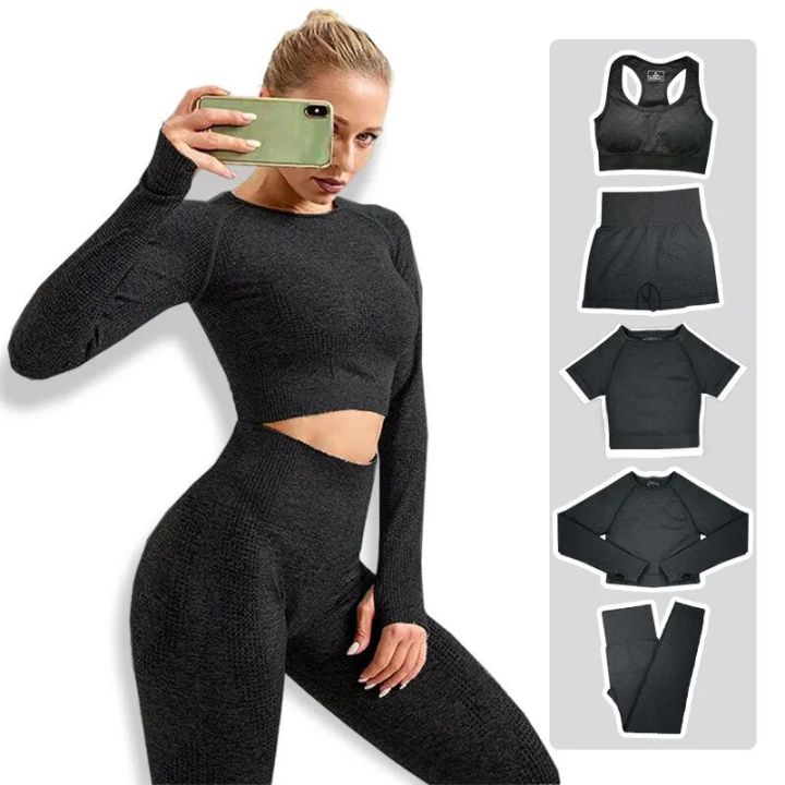 Woen Sealess Yoga Outfits 2 Piece Workout Short Sleeve Crop Top With