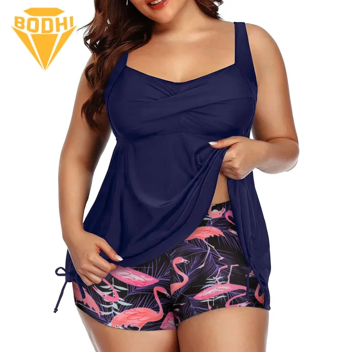 Plus Size Beachwear Floral Print Plus Size Swimsuit Set for Vacation Water Sports High Waist Swim Top with Elastic Shorts Beachwear for Split Bikini Set
