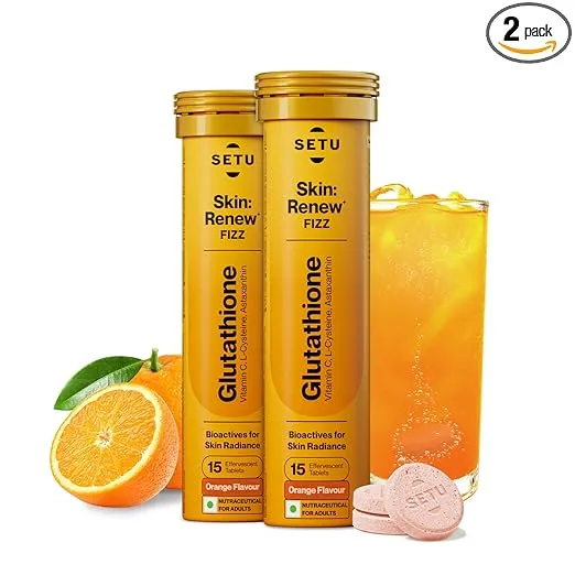 Setu Skin Renew Glutathione Tablets for Glowing Skin | 30 Effervescent Tablets with 500mg L-Glutathione & Vitamin C | Sugar-free Antioxidant & Skin Glow Supplement for Clear Skin | Orange (Pack of 2) REV