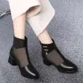 2024 New Spring and Summer Real Soft Leather Mesh Sandal Boots Mid Heel Breathable and Wearable Soft Bottom Non-Slip Chunky Heel All-Matching Sandals for Women. 