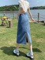 Women's Blue Split Denim Skirt Summer Mid-Length 2024 New Year Small High Waist a Word Hip Skirt. 