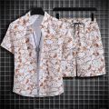 Sanya Travel Set Men's Short Sleeve Printed Shirt Loose plus Size Hawaii Seaside Beach Shorts Two-Piece Suit. 