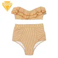 Skin-friendly Swimwear Stylish Striped Bikini Set with Ruffle Trim High Waisted Briefs for Women Push-up Padded Bra Beachwear Set 2pcs/set. 