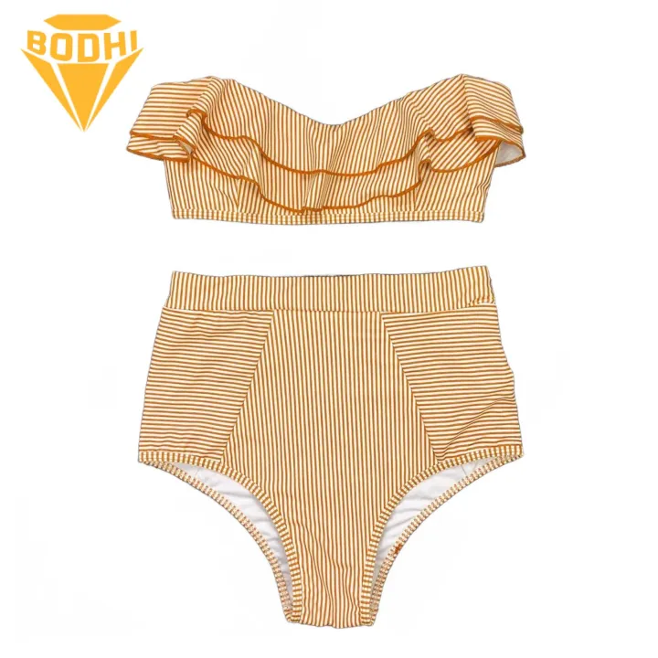 Skin-friendly Swimwear Stylish Striped Bikini Set with Ruffle Trim High Waisted Briefs for Women Push-up Padded Bra Beachwear Set 2pcs/set
