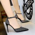 2023New Korean Style Rhinestone Pointed Toe Bridal Wedding Shoes Silver Girl High Heel Sandals All-Matching Ankle-Strap Buckle Shoes. 