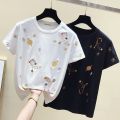 Summer Korean Style All-Matching Embroidered Top Girls Fashion Cartoon White Loose Short SleeveTT-shirt Women's2023New-. 