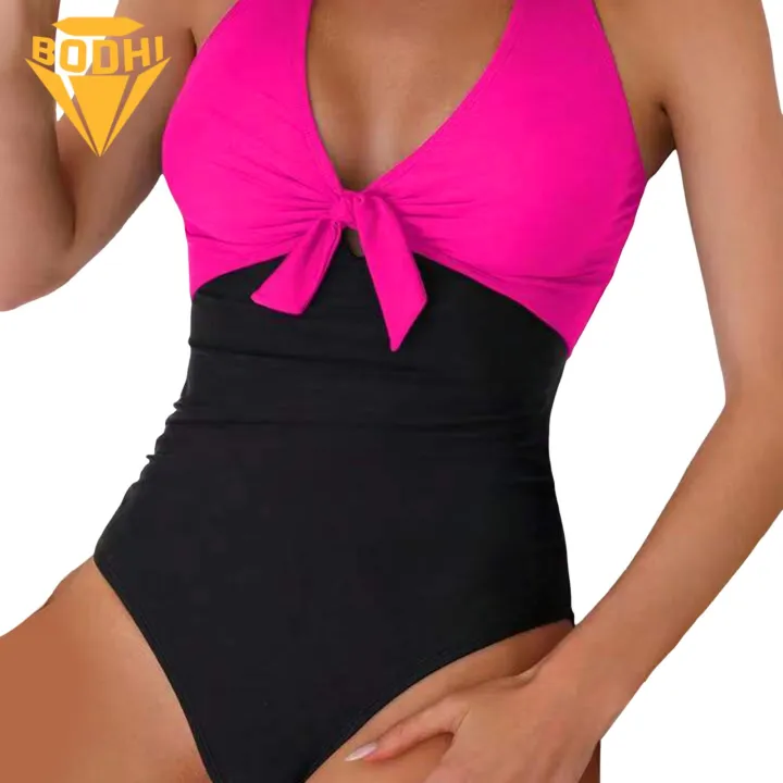 Women Monokini Swimsuit Halter One-piece Swimsuit with Bowknot Detail for Women High Waist Backless Beachwear in Patchwork Colors Summer Monokini Slim Fit Monokini